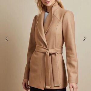 TED BAKER Drytaa Camel Short Belted Wool Wrap Coat